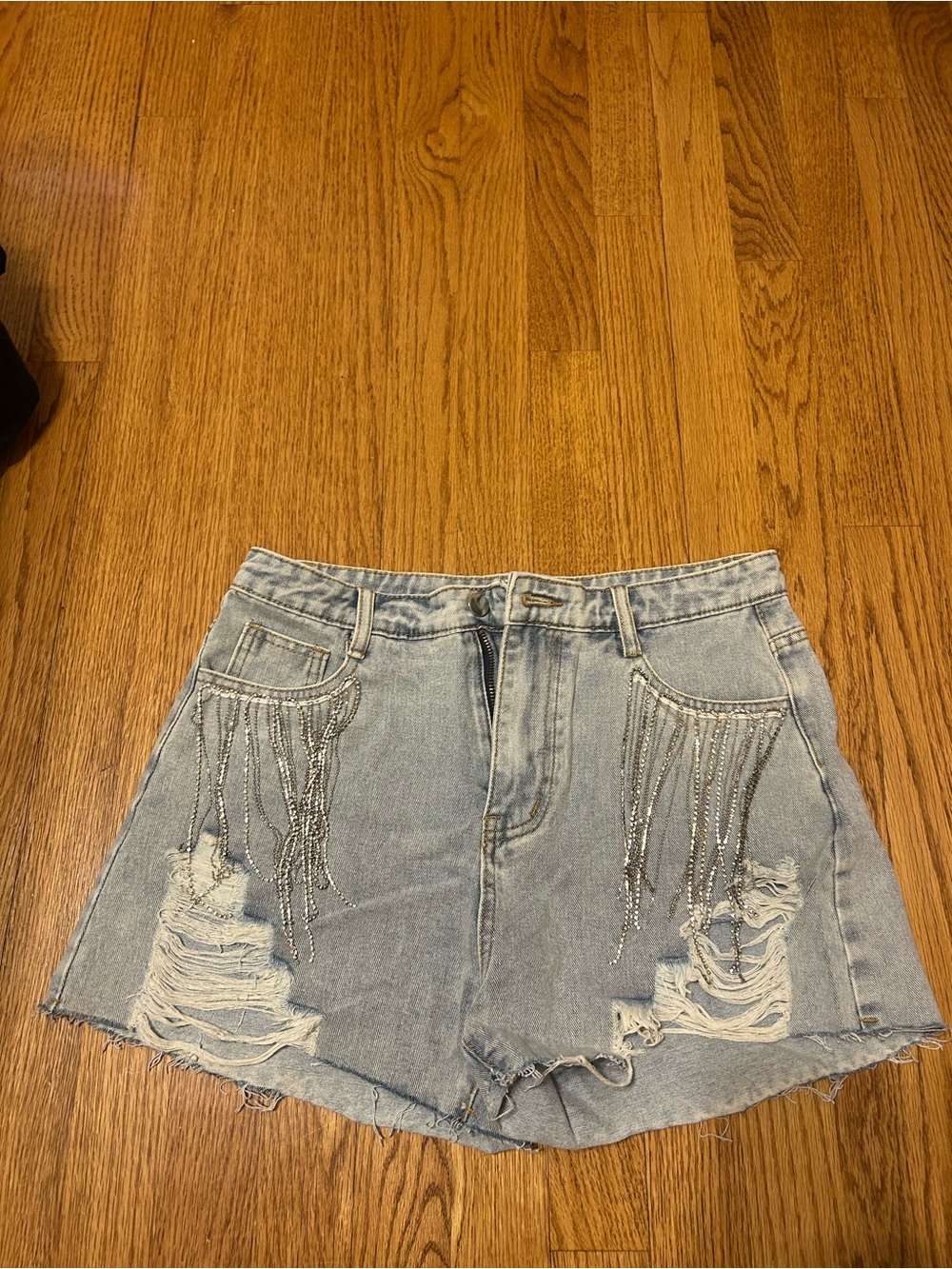 Pink Lily Light Blue Distressed Denim Shorts with Beaded Fringe